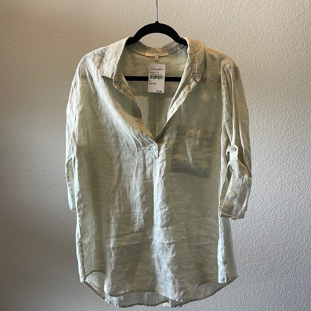 Light Green Side Stitch Linen Shirt, Size XL